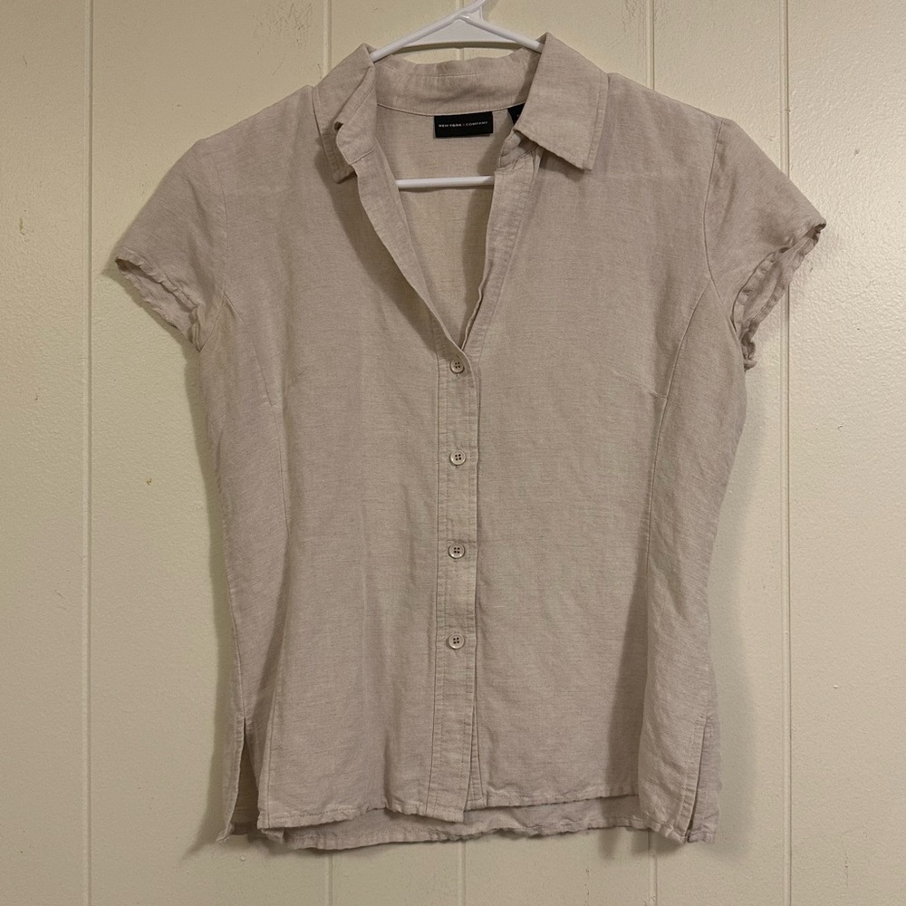 90’s Cream linen short sleeved button down shirt XS